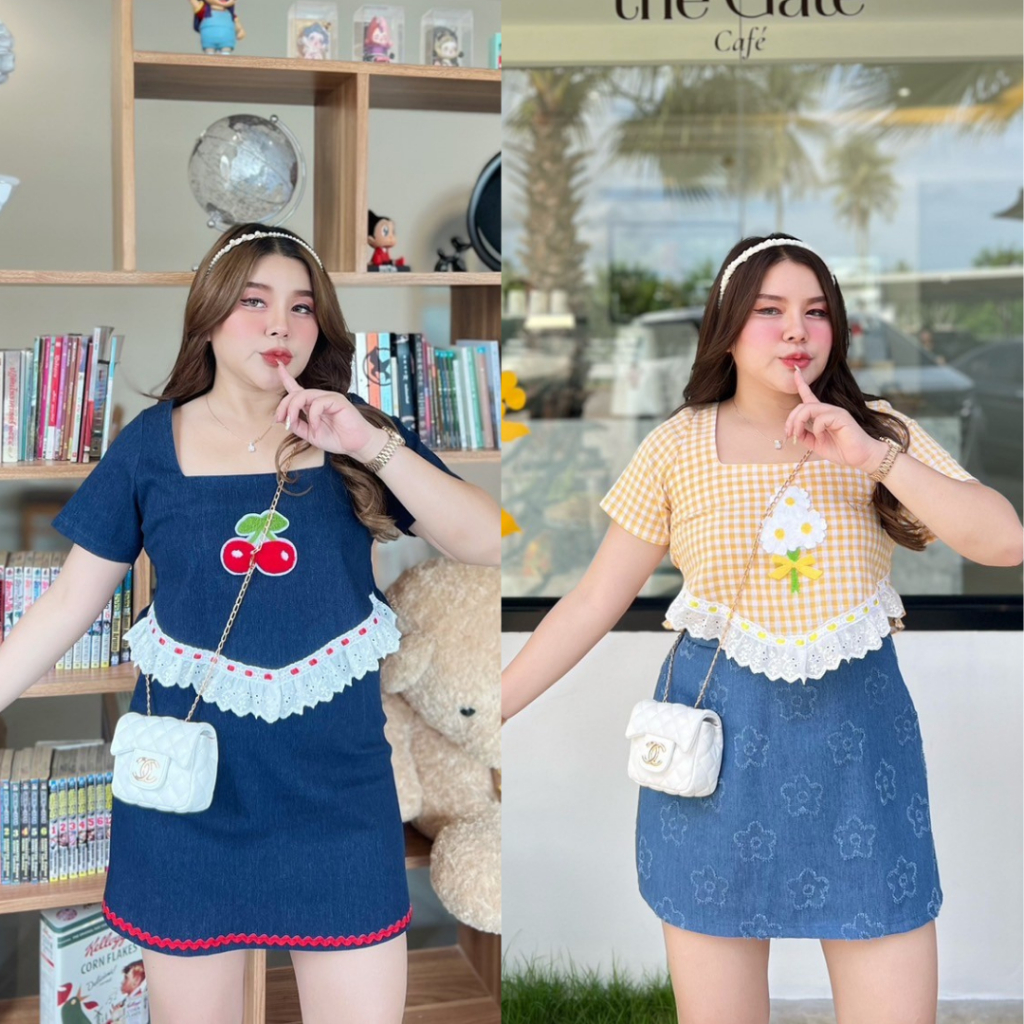 orarose ชุดเซทเซทสาวอวบ เซทครอปสก็อตแต่งชายฉลุเกงยีนส์/ขาสั้น (5553)