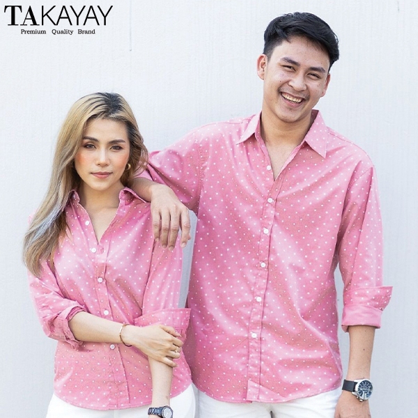 Takayay Brand เสื้อเชิ๊ต ผ้าคอตตอน สีชมพูจุดขาว 36-54 นิ้ว