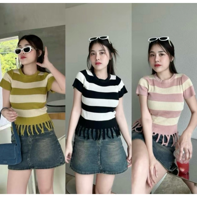 เสื้อคอกลมแขนสั้น ผ้าไหมพรม แต่งพู่ระบาย ผ้าทอลายสลับสี  รุ่น สุขใจ