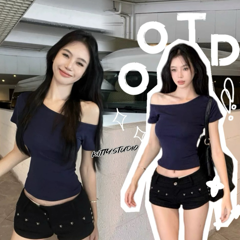 Kitty พร้อมส่ง เสื้อยืดแฟชั่นผู้หญิง เสื้อแขนสั้นเปิดไหล่ข้างเดียว เสื้อรัดรูป เสื้อครอปสีพื้น เซ็กซี่ สาวอ้วนใส่ได้