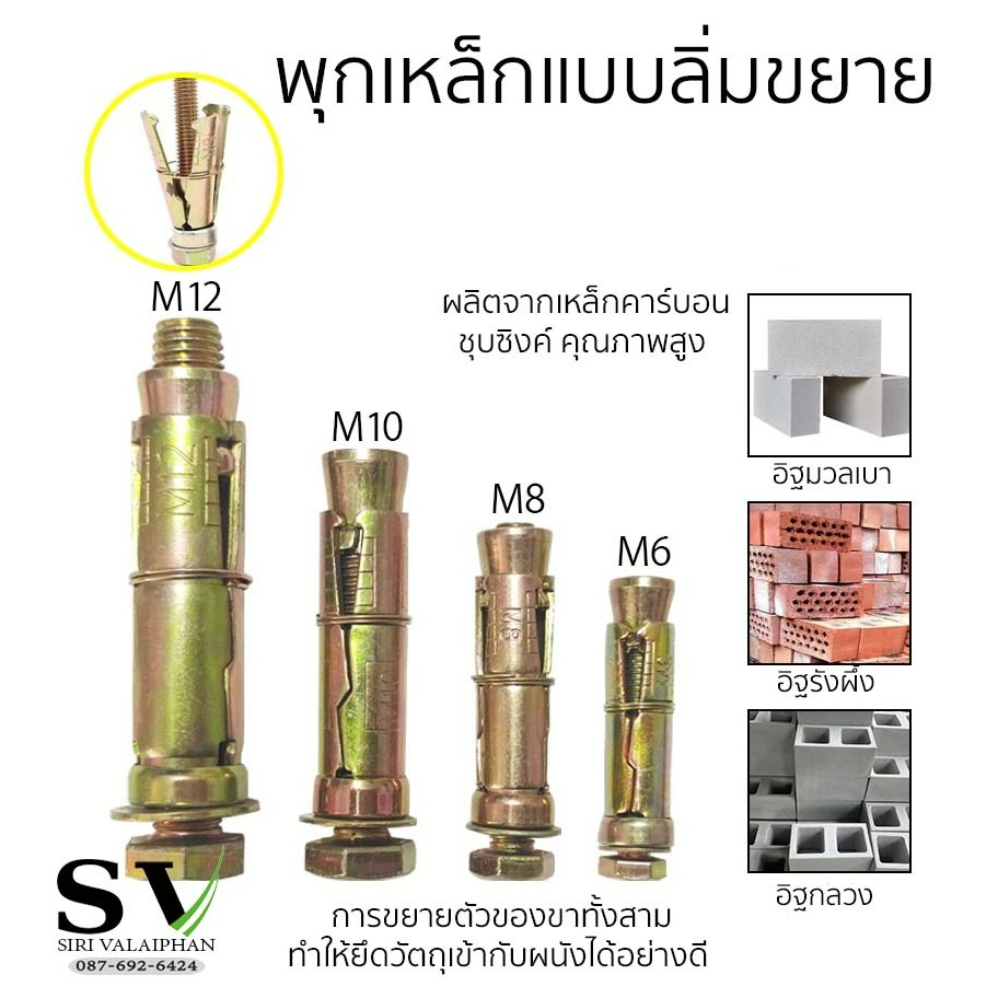 พุกเหล็กแบบลิ่มขยาย เหล็กคาร์บอนชุปซิงค์ ใช้สำหรับงานปูน อิฐบล็อค งานยิปซั่ม คอนกรีต อิฐแข็ง