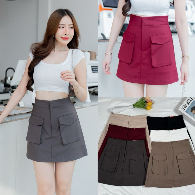 PT closets ♡ กระโปรงทรงเอเบสิค แต่งกระเป๋ากล่องหน้า 2 ข้าง ซับกางเกง {กระโปรงรอบตัว} #TB045