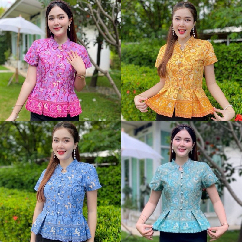 เสื้อใส่ทำงาน ลายบานชื่น คอจีน เอวแต่งระบาย เข้ารูป