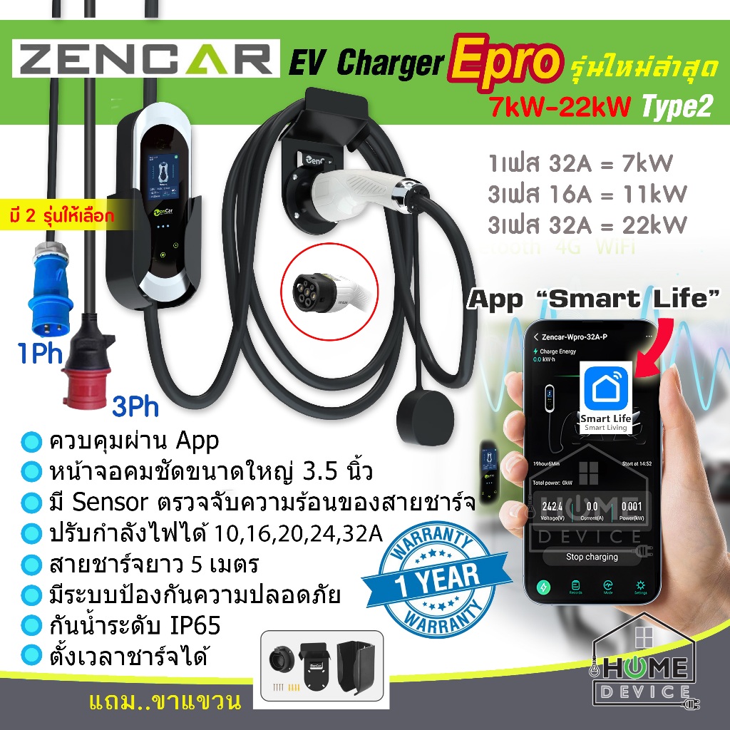 ใหม่ล่าสุด Zencar EV Charger Epro Type 2 สำหรับไฟ 3 เฟส ปรับระดับไฟได้สูงสุด 11kW และ 22kW ควบคุมผ่า