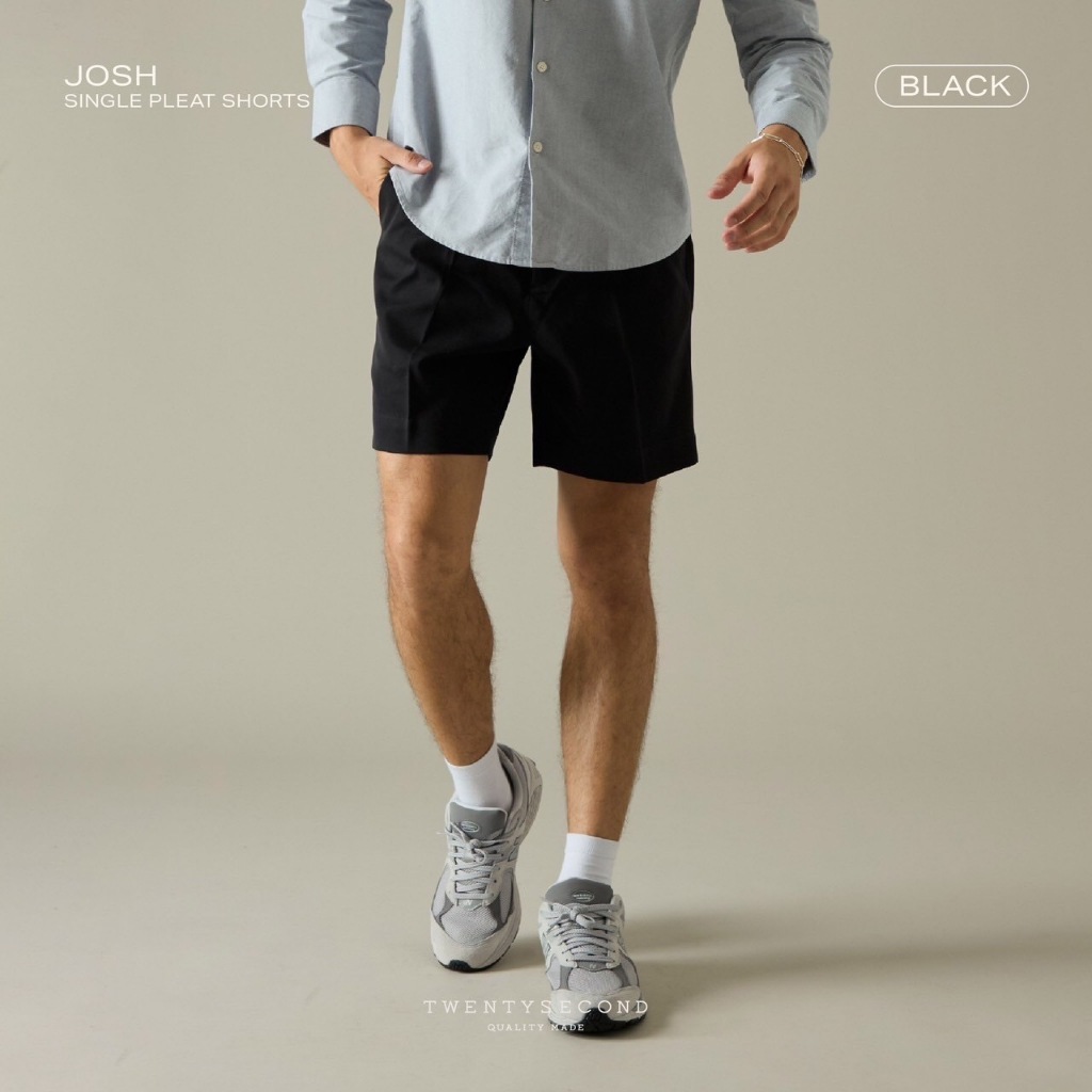 TWENTYSECOND กางเกงขาสั้น ผ้าคอตต้อน ทรงเอวสูง รุ่น Josh single pleat shorts - ดำ / Black
