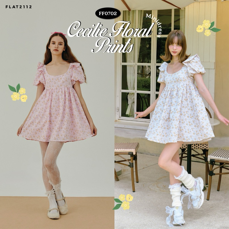 FLAT2112 FF0702 : CECILIE FLORAL PRINTS MINI DRESS มินิเดรส ลายดอก คอเหลี่ยม
