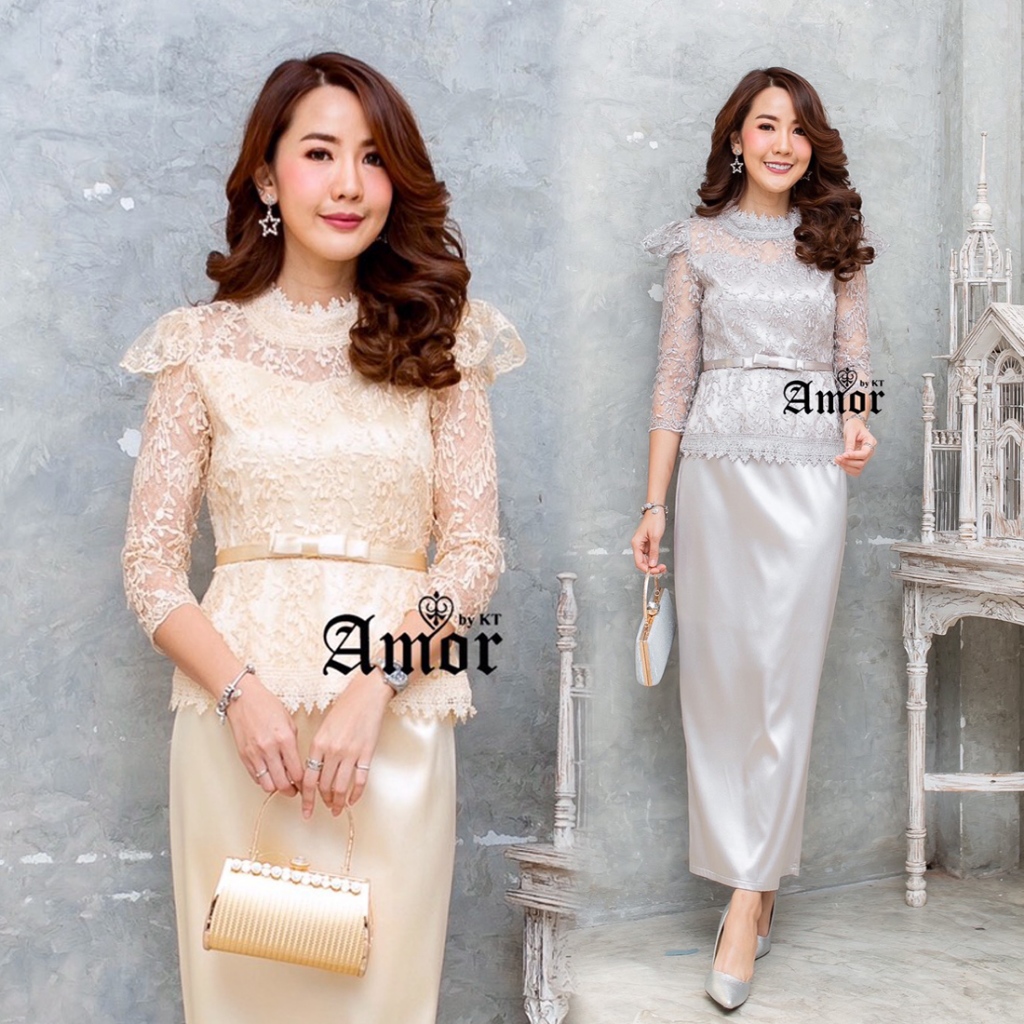 ชุดไทยประยุกต์ใส่ทำบุญ เสื้อลูกไม้+ผ้าถุงยาว สีทอง/สีเทา 3XL-4XL