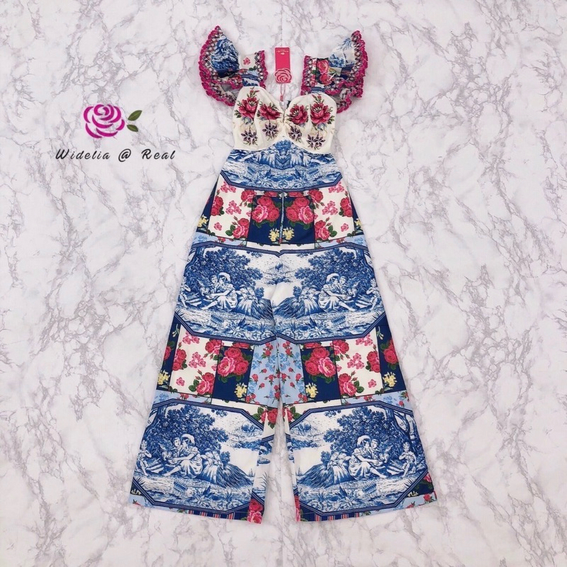 M5 งานป้าย Widelia@Real Jumpsuit จั๊มสูทขายาวพิมพ์ลายแขนระบายอกปักดอกไม้ สำหรับผู้หญิง ไซส์ S-L