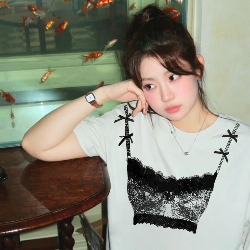 TeddyTee เสื้อยืด oversize สาวอวบ พลัสไซส์ สกรีนลายบราลูกไม้ บิกินี่ ผ้าคอตตอน100% ใส่สบาย สไตล์เกาหลี แอบเซ็กซี่