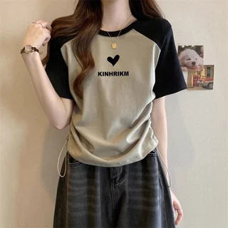 เสื้อครอปสาวอวบน่ารักๆ Oversize เสื้อผ้าแฟชั่นสไตล์เกาหลี เสื้อยืดสวยๆผู้หญิงฤดูร้อนใหม่ ด้านข้างติดเชือก ปรับความยาว