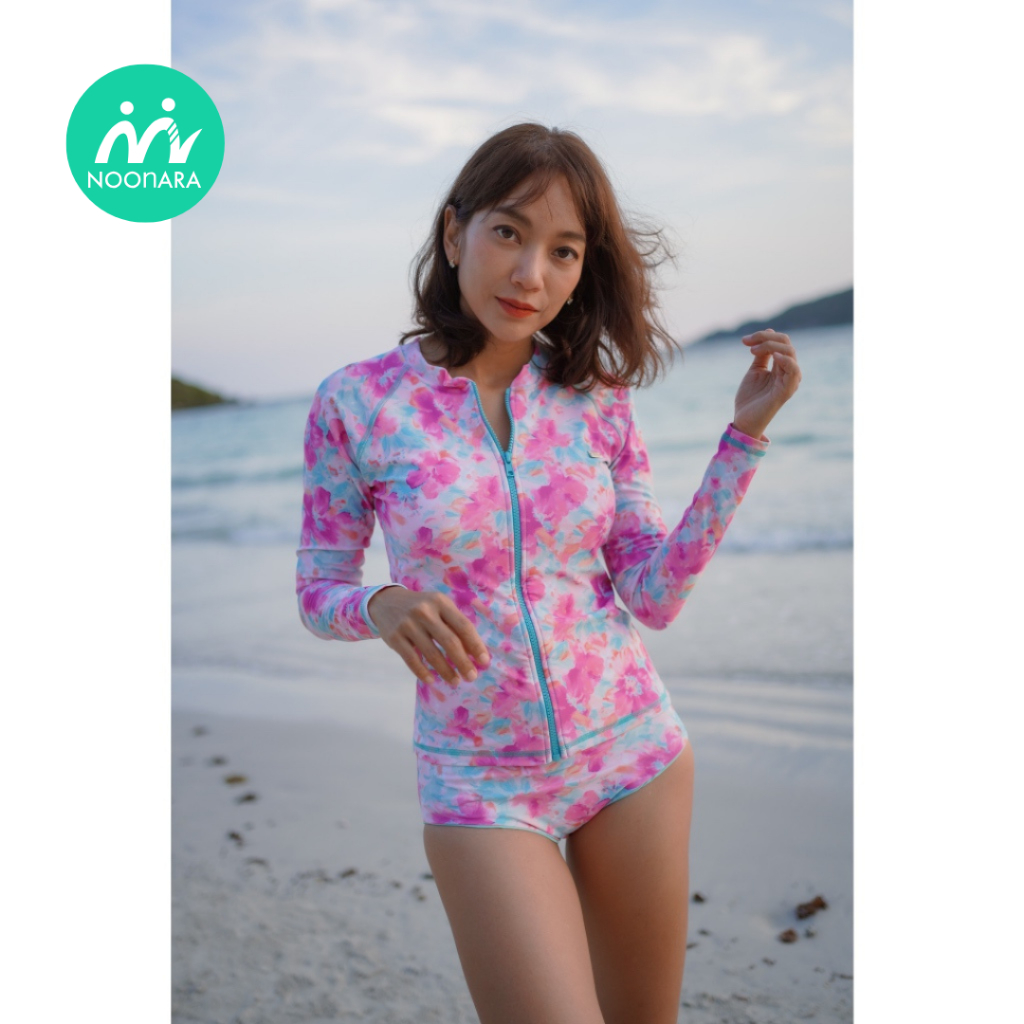 เสื้อรุ่นซิป ชุดว่ายน้ำแขนยาว - NOOnara Zipper Rashguard สี Summer Bloom กัน uv มีซับใน ฟองน้ำ ว่ายน้ำ/ชุดดำน้ำ/ชุดวิ่ง