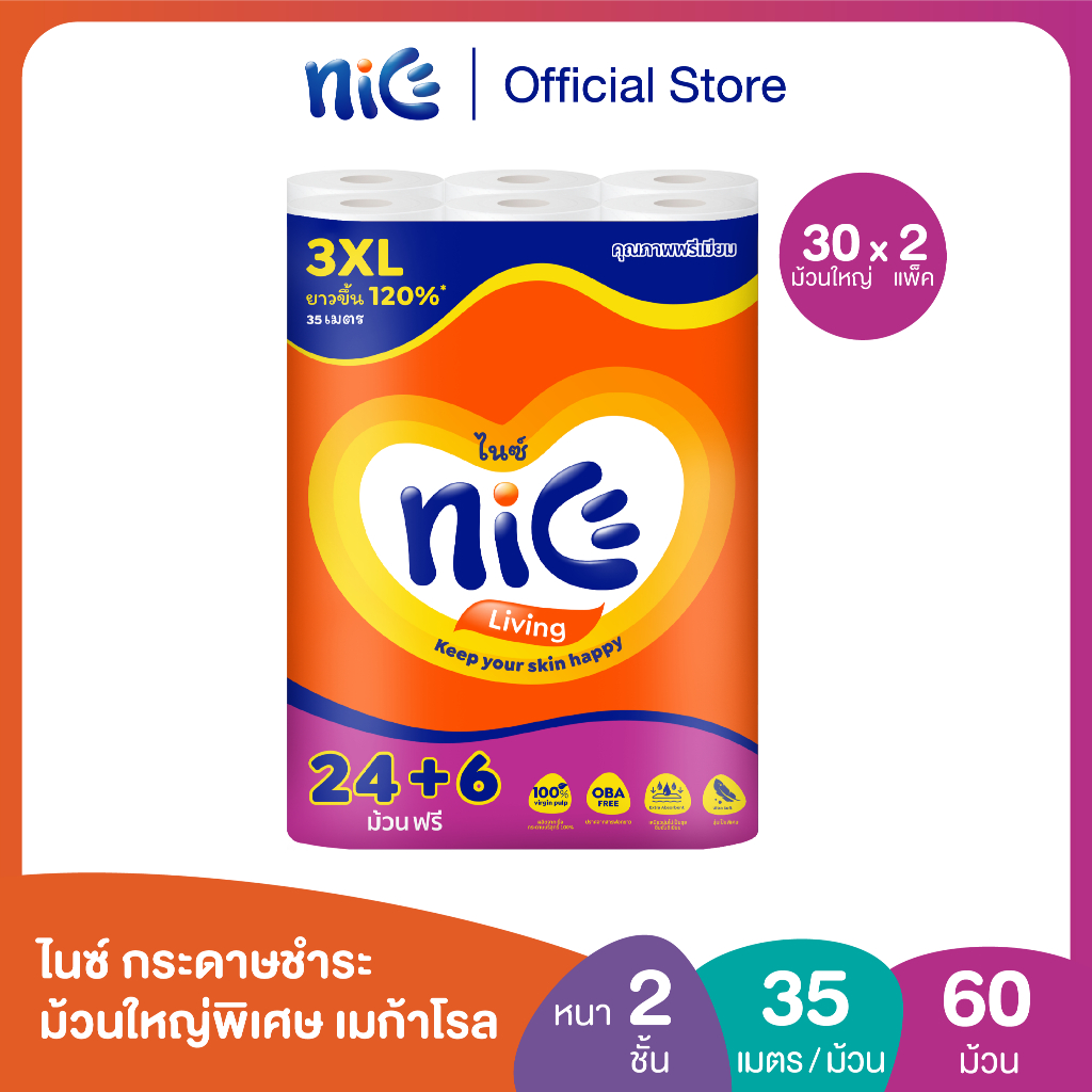 (2 แพ็ค 60 ม้วนใหญ่) Nice ไนซ์ เมก้าโรล กระดาษชำระ ม้วนใหญ่พิเศษ ขนาด 24+6 ม้วน (35ม./ม้วน) (ทิชชู่ กระดาษทิชชู่) x 2