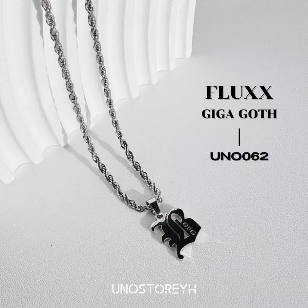 UNO062🔥”สร้อยคอ Fluxx จี้รุ่น GIGA GOTH” สแตนเลสแท้ทั้งสร้อยคอและจี้ สร้อยลายเกลียว จี้GIGA GOTH ตัวอักษรA-Z