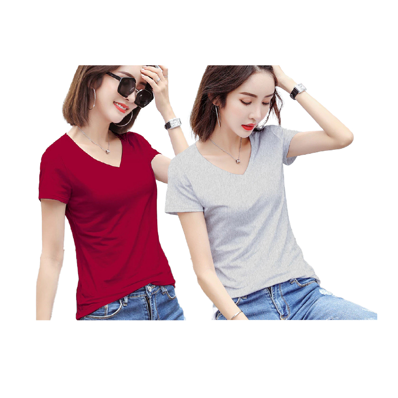SALABO เสื้อยืดคอวี ผ้าสแปนเด็กซ์ สีพื้นสไตล์เกาหลี ขนาด 2XL