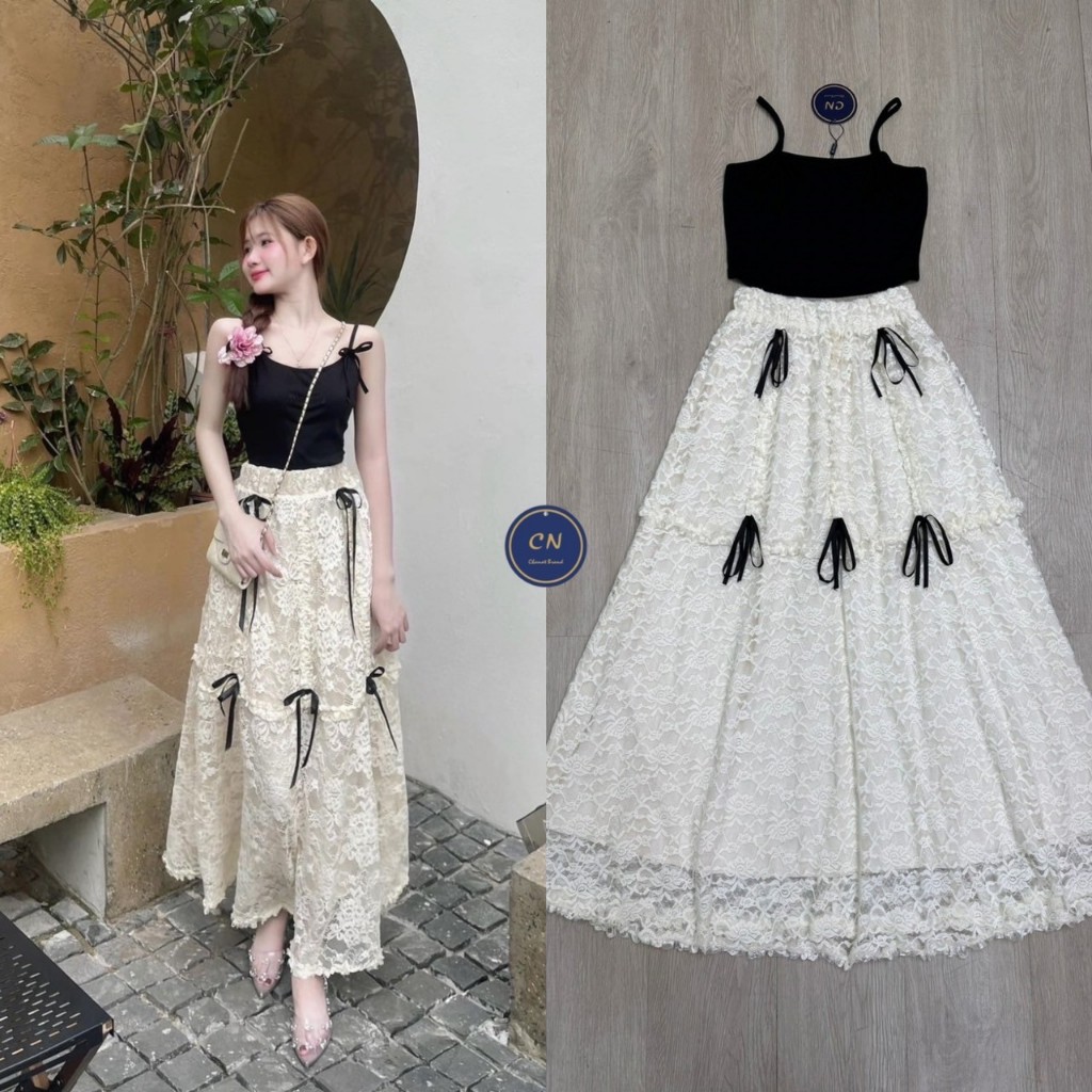 CHANAT Set 2 ชิ้น เสื้อสายเดี่ยวทรงพอดีตัวแต่งโบว์(*สอบถามสต๊อกก่อนกดสั่งน๊า)