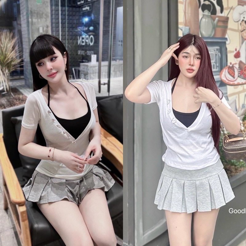Teera พร้อมส่ง 3ชิ้น สายเดี่ยว+เสื้อครอป+กระโปรงซับในกางเกง แมทช์ลุคแบบลงตัว goodluck
