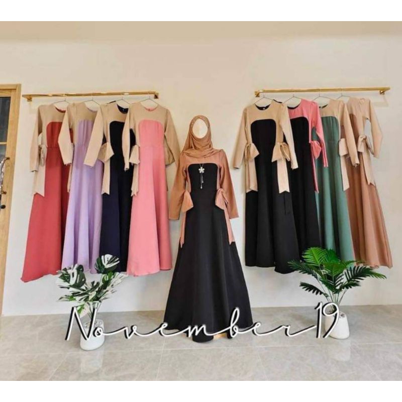 collection ใหม่ล่าสุด!! ชุดเดรสอิสลาม ชุดเดรสมุสลิม เปเป้ ทูโทนโบว์เอว แนนนี่