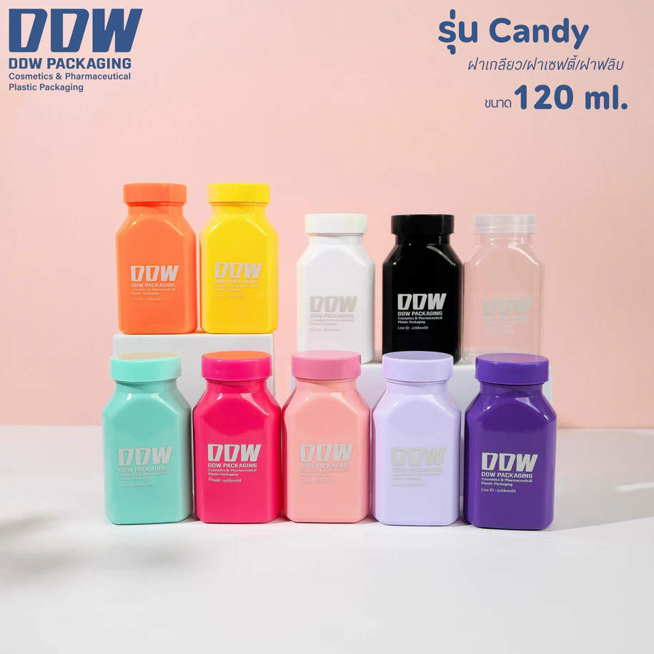 ขวดยา ขวดอาหารเสริม กระปุกกัมมี่/เยลลี่ ทรงเหลี่ยม พลาสติกPET 120 ml. ฝาสีเหมือนขวด
