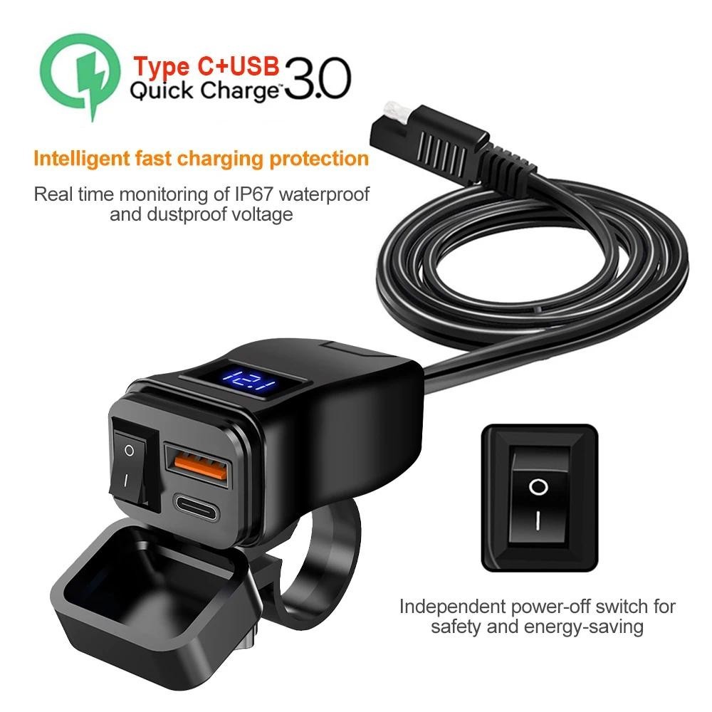 สินค้าพร้อมส่ง ที่ชาร์จเร็ว QC3.0 รถจักรยานยนต์ Dual USB+Type-C พร้อมโวลต์มิเตอร์ดิจิตอลกันน้ำ ใช้งานได้กับโทรศัพท์มื