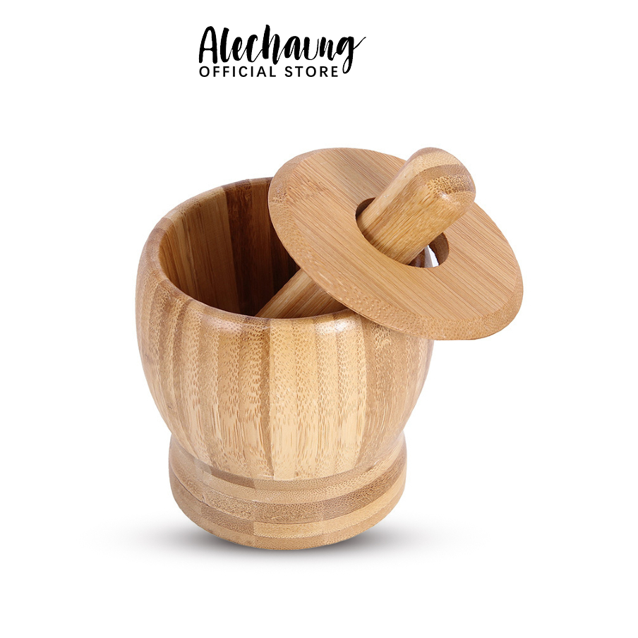 Alechaung ครกไม้ พร้อมสาก 4นิ้ว 4.5นิ้ว ครกไม้ยางพารา Wooden Mortar ครกตำพริก น้ำหนักเบา
