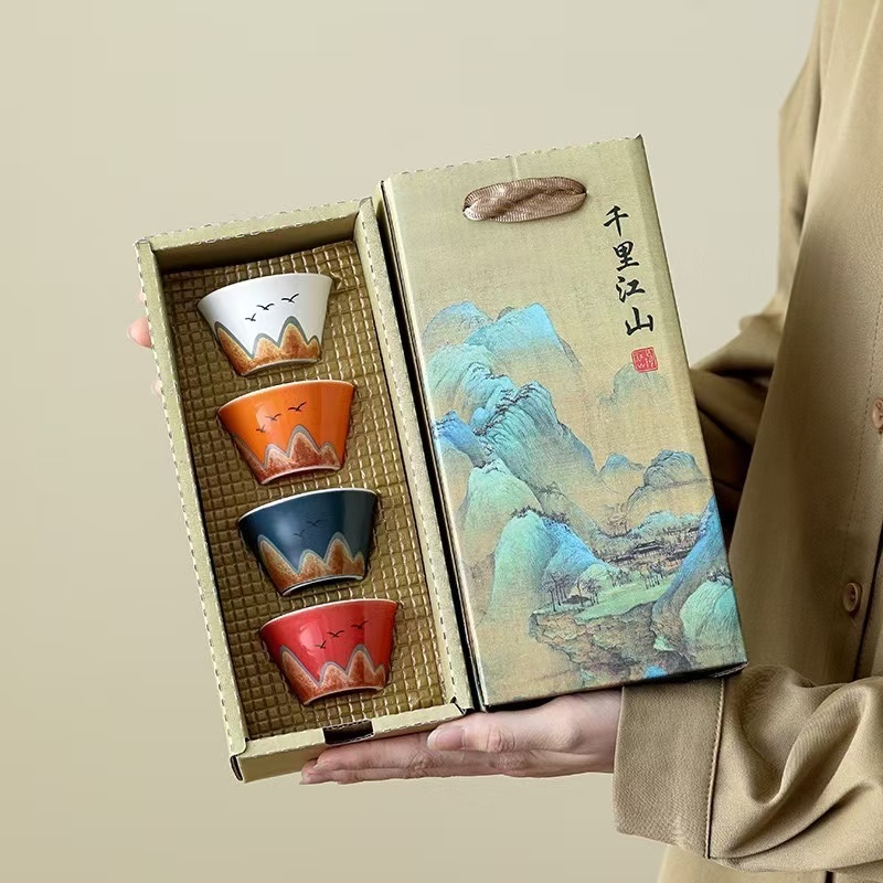 ชุดแก้วนำ้ชามีจานรอง ลายดอกไม้กล่องละมีถ้วย6ใบจาน6ใบแก้วสูง5.5ซมกว้วง6.5ซม(XIAOBD)