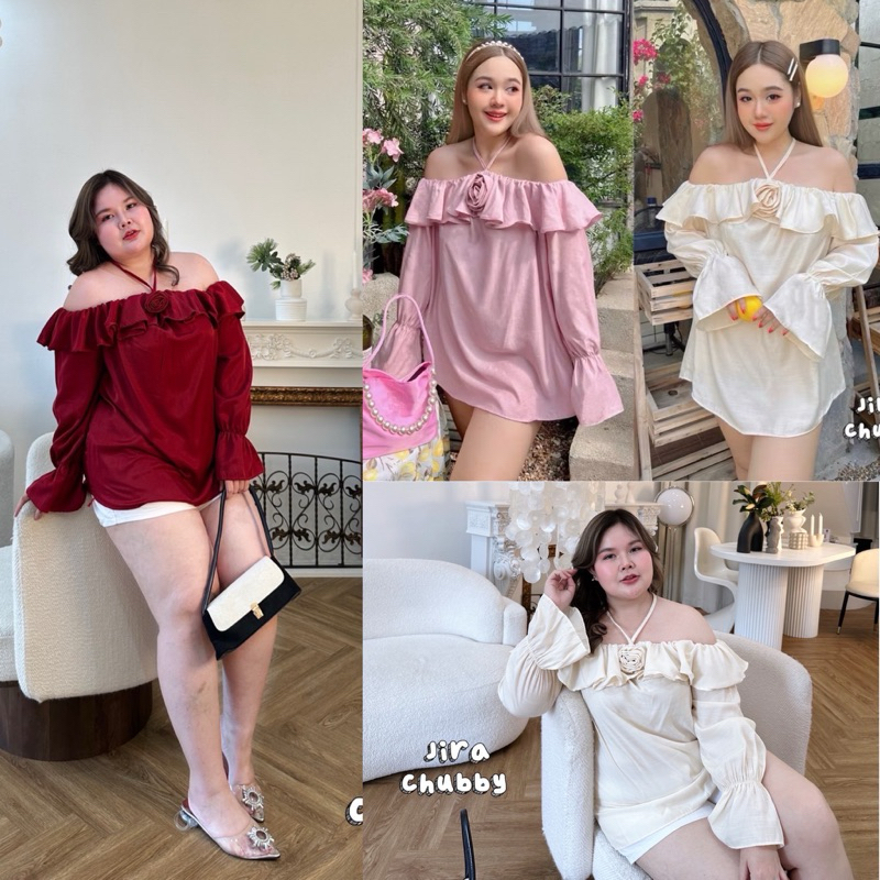 ✅เข้าเพิ่ม พร้อมส่งค่า /JR/ มินิเดรสเปิดไหล่แต่งระบาย มีสายผูกคล้องคอ เก๋ด้วยดอกติดตรงกลาง #สาวอวบอ้วน
