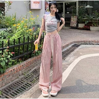 กางเกงลายทางขายาว ปักPolo ขากว้างใส่บาย มีกระเป๋า พร้อมส่งในไทย🇹🇭