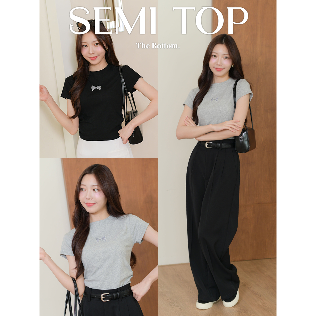 The Bottom เสื้อยืดคอกลมแขนสั้น ลายโบว์ที่อก จับจีบย่นเข้าเอว ใส่สวยเข้ารูป - รุ่น Semi top