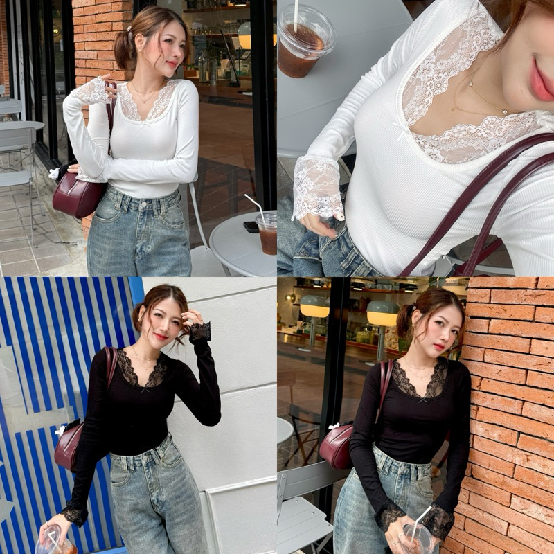 M83- เสื้อแขนยาวไหมพรม แต่งขอบลูกไม้ สวยมาก ทรงเบสิคใส่ได้บ่อย