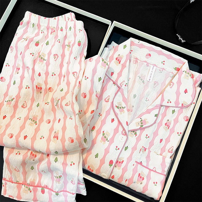 ชุดนอน งานไหมญี่ปุ่นผ้านิ่มใส่สบาย ลายหมีสตอเบอรี่ชมพู แขนยาว+ขายาว