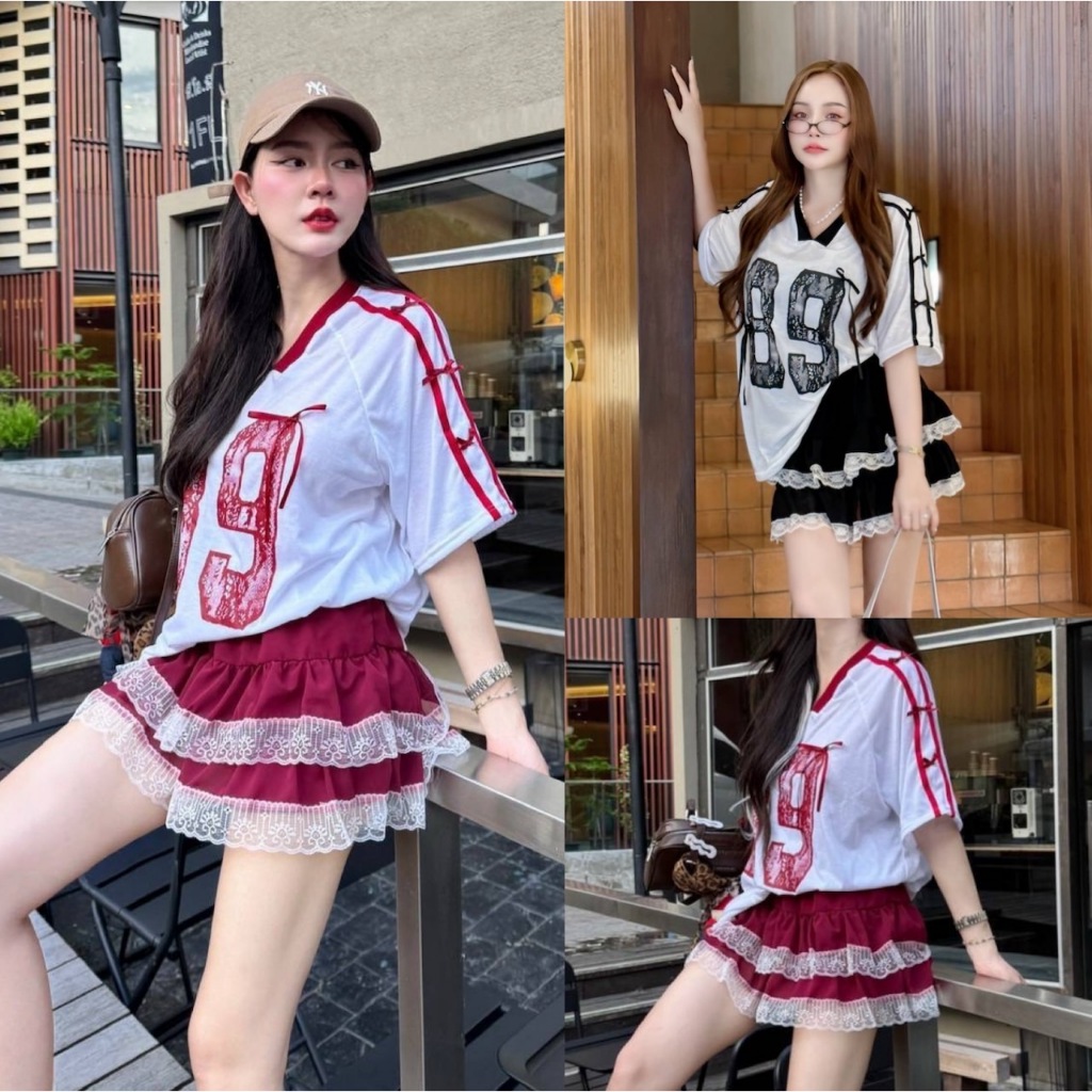 ชุดเซ็ท 2 ชิ้น กระโปรงเสื้อยืด เสื้อ OVERSIZE แต่งลูกไม้ ลาย 89 เซ็ทสีแดง/สีดำ กระโปรงแต่งลูกไม้ชั้นๆ งานป้าย.