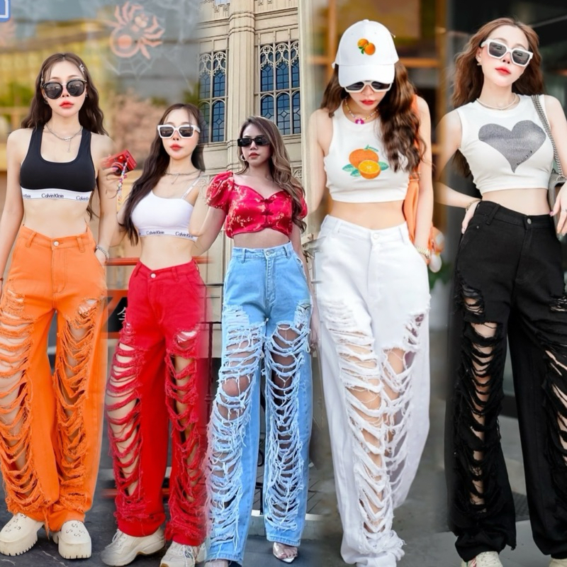 New กางเกงยีนส์ขาขาดเซอร์ๆ​ ทรงฮิตใส่เต้นใส่เที่ยวกางเกงใส่เต้น กางเกง
