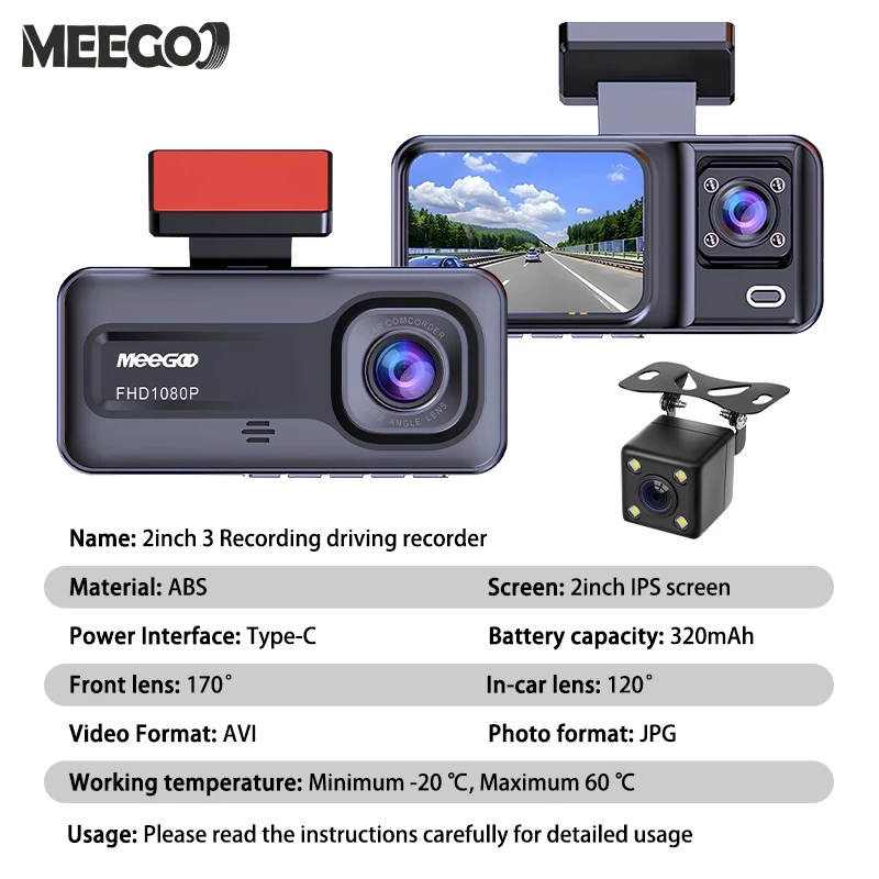 MeeGoo 4K 1080P กล้องติดรถ 2 นิ้ว 3 กล้อง dash cam เครื่องบันทึกการขับ โหมดกลางคืน จับการเคลื่อนไหว thumbnail 10