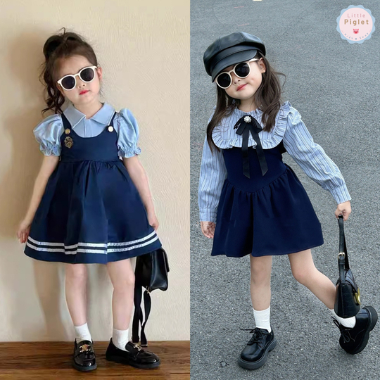 Little Piglet พร้อมส่ง Dress ชุดกระโปรง แขนยาว แขนสั้น เด็กหญิง สีฟ้า สีกรมท่า เกาหลี แฟชั่นเด็ก