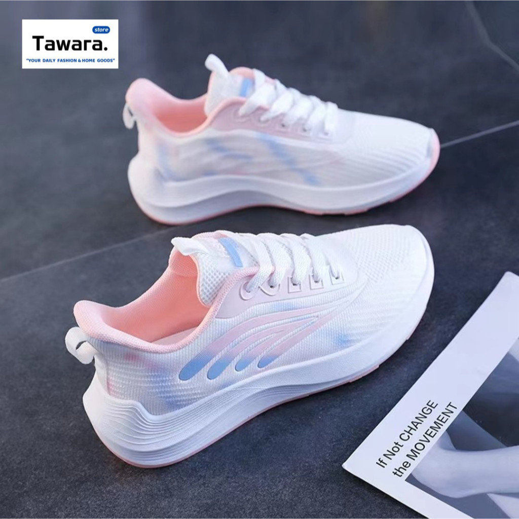 SE-107 รองเท้าผ้าใบผู้หญิง สีขาว / สีดำ รองเท้าผ้าใบแฟชั่น กีฬา ลุคสปอร์ต แต่งลายกราฟฟิค สีพาสเทล ชิคๆ ทรงสวย ใส่สบาย