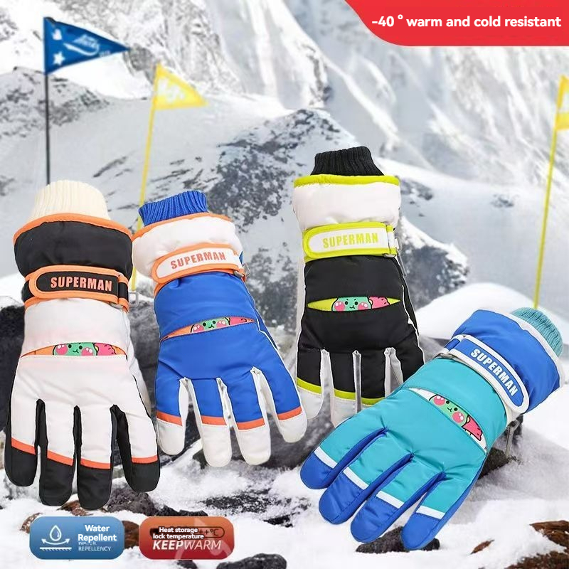 【พร้อมส่ง】ถุงมือกันหนาวเด็ก ถุงมือกันหนาวเด็ก  กันน้ำและกันลม บวกกำมะหยี่ รักษาความอบอุ่น เหมาะสำหรับเด็กอายุ 7-14 ปี