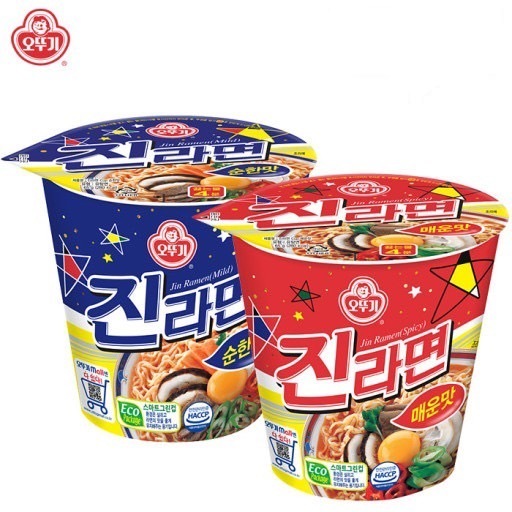 ottogi jin ramen รามยอนเกาหลีรสดั้งเดิมและรสเผ็ด mild spicy flavor cup noodle 65g 진라면 소컵