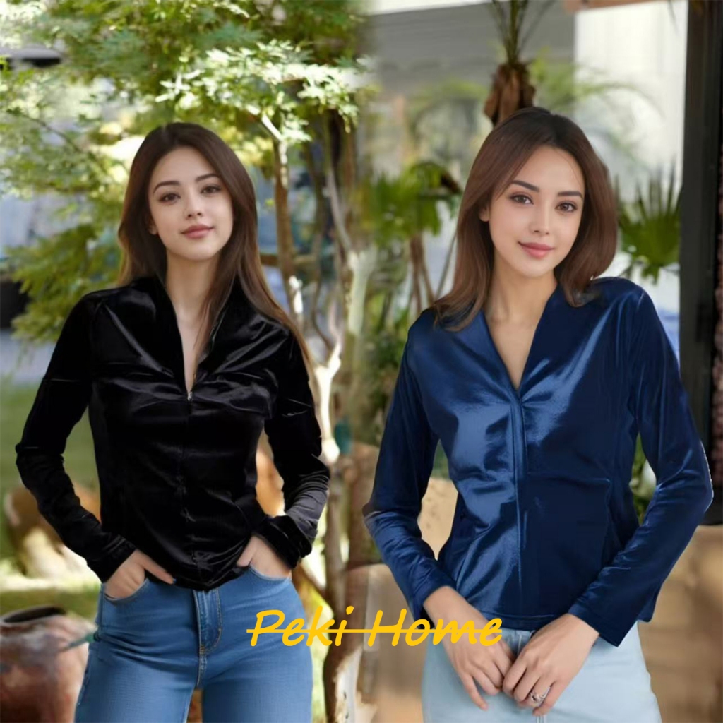 เสื้อยืดแขนยาวผ้าแซฟไฟร์สไตล์ย้อนยุค คอวี ใส่แล้วดูหรูหรา