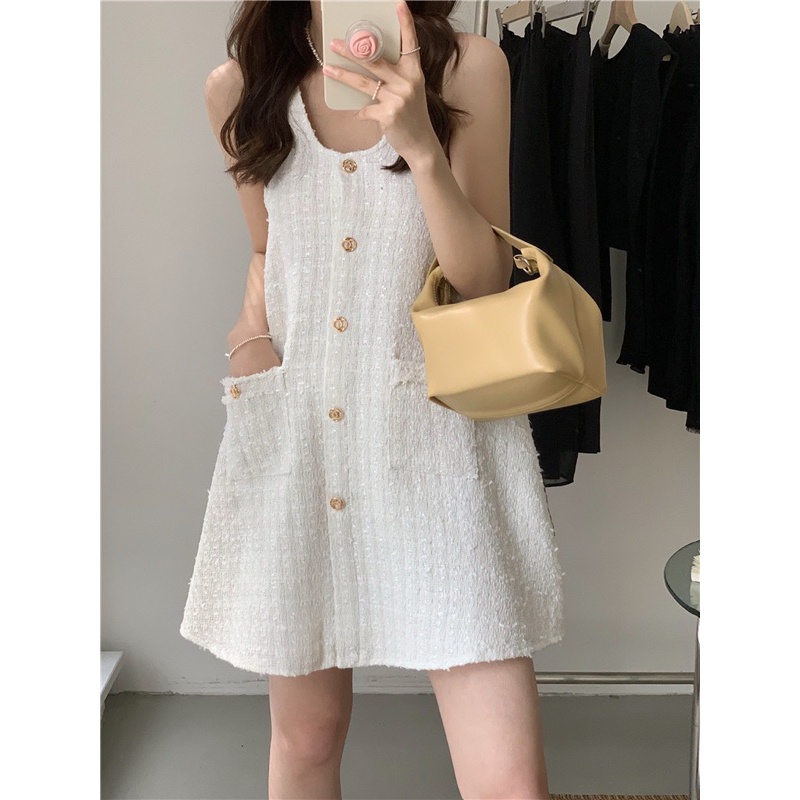 ชุดคลุมท้องเดรสผ้าทวีตสั้นแขนกุด