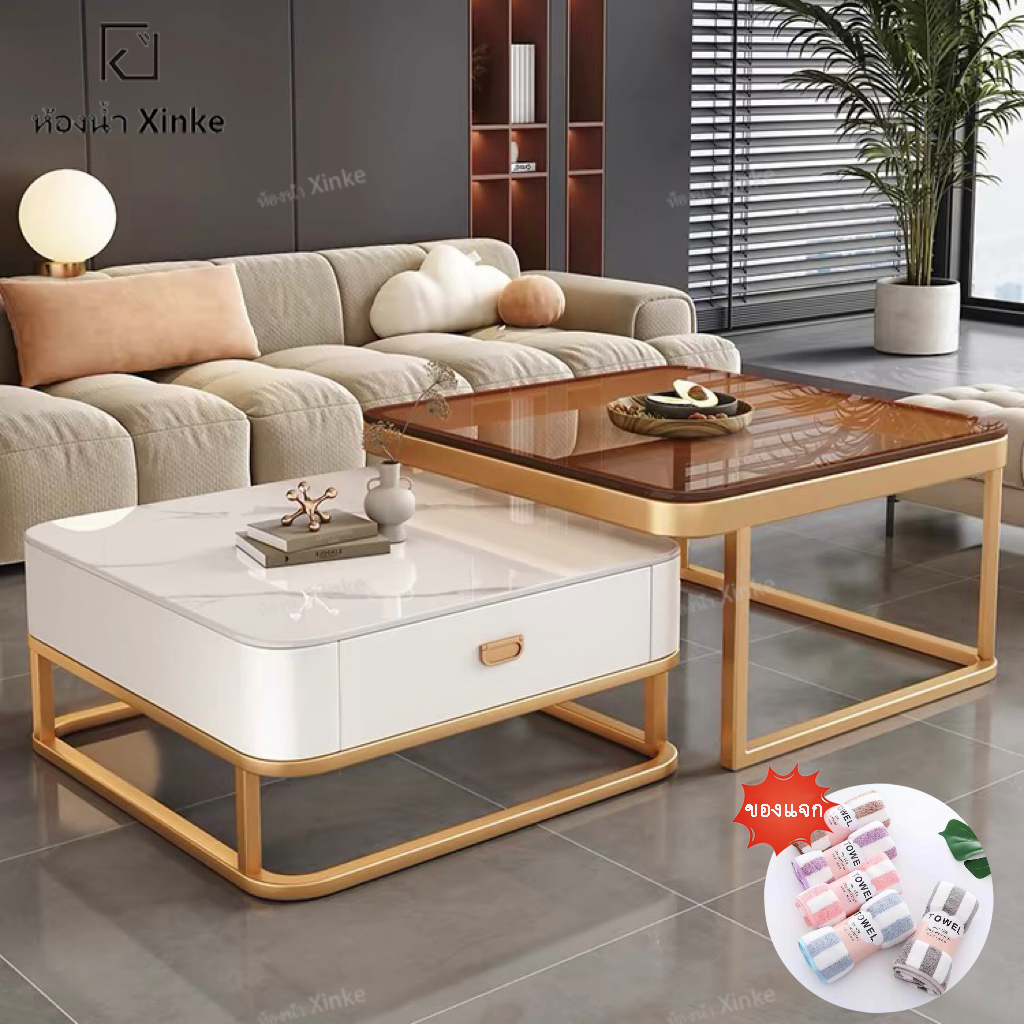โต๊ะกลางโซฟา โต๊ะรับแขก กระดานหิน + แก้ว โต๊ะกาแฟ โต๊ะกระจก  สีดำ/โกลเด้น หลายวิธีรวมกัน