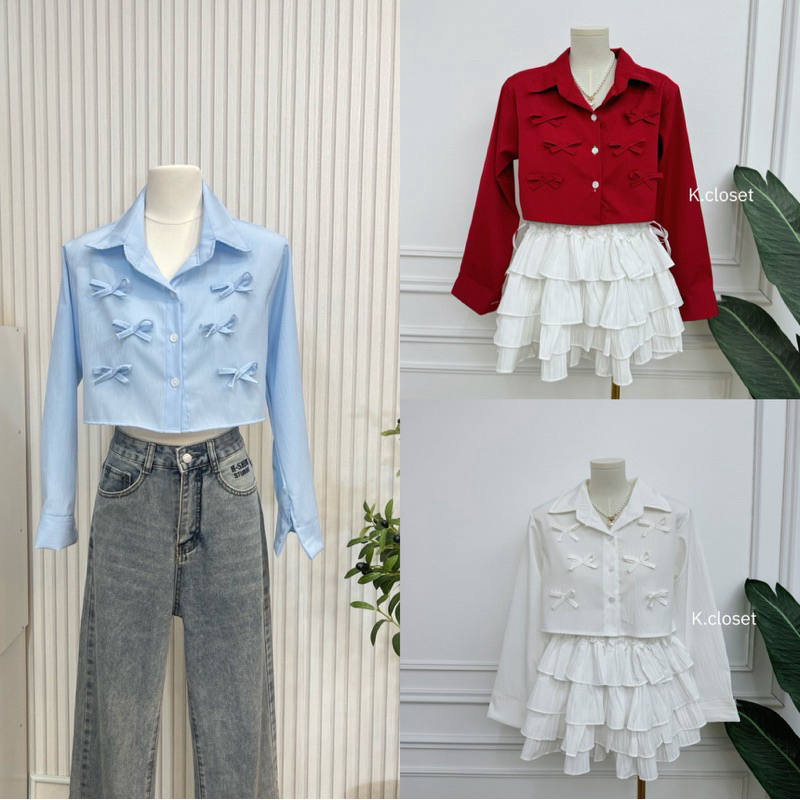 Bow shirt tops เชิ้ตทรงครอปแต่งโบว์