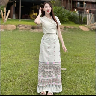 TANTANOD -รหัสTL6 ชุดเซต เสื้อไขว้ผูกข้าง กระโปรงยาวลายพญานาค(ผ้าฝ้าย) รุ่นPrakaydaw