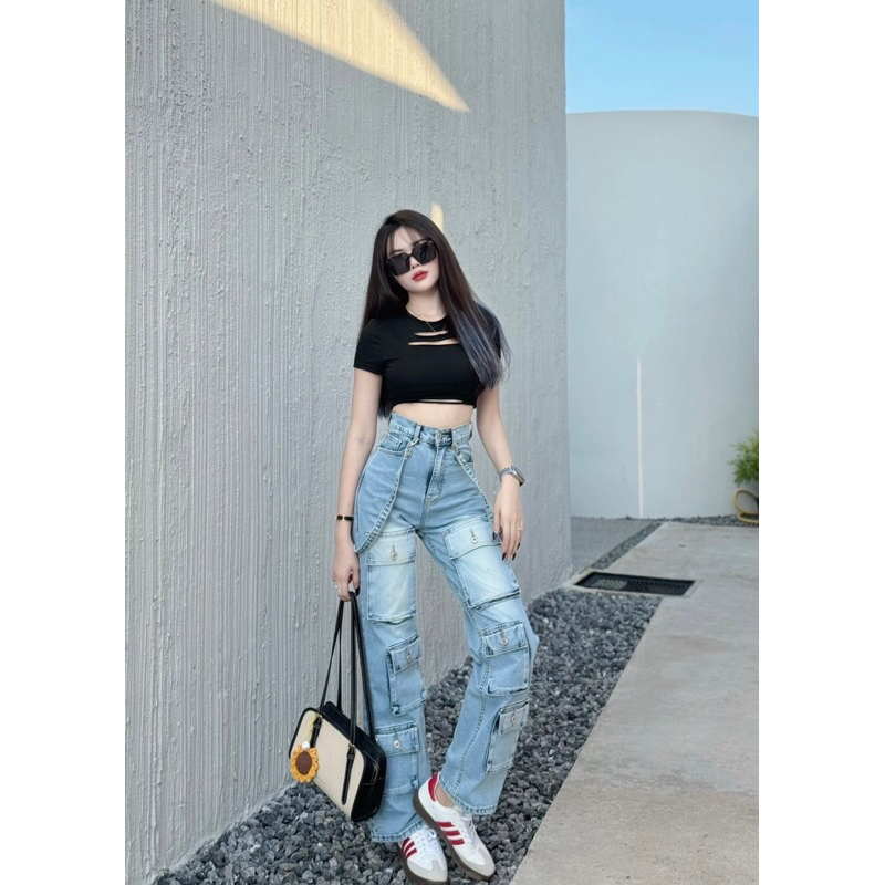 Bosdy Jeans กางเกงยีนส์คาร์โก้ผ้ายืด ฟอกสีซีด รหัสBJ004