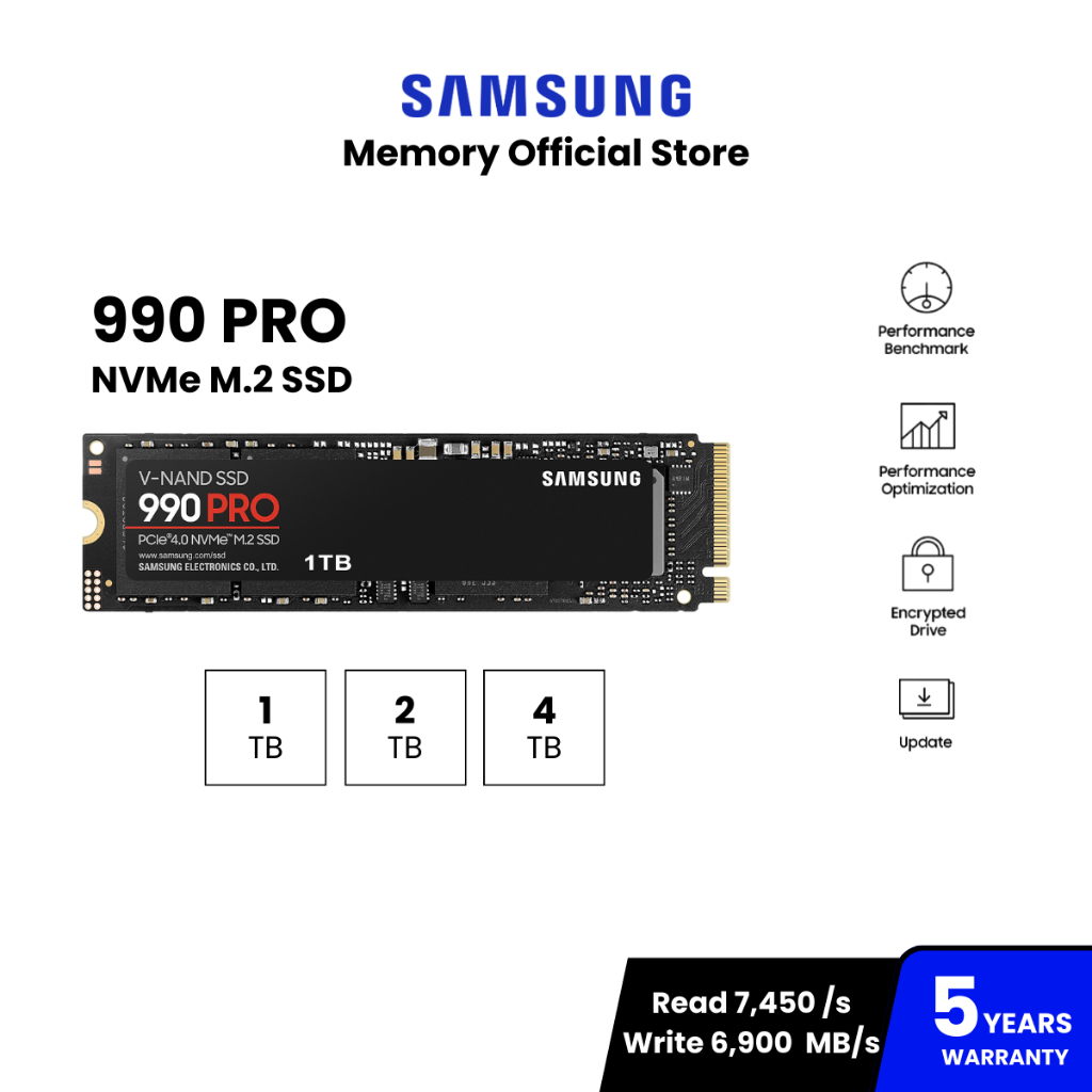 SAMSUNG 990 PRO SSD M.2 7,450 / 6,900 MB/s ความจุ 1TB/ 2TB/ 4TB : 5Y (990 PRO / MZ-V9P)