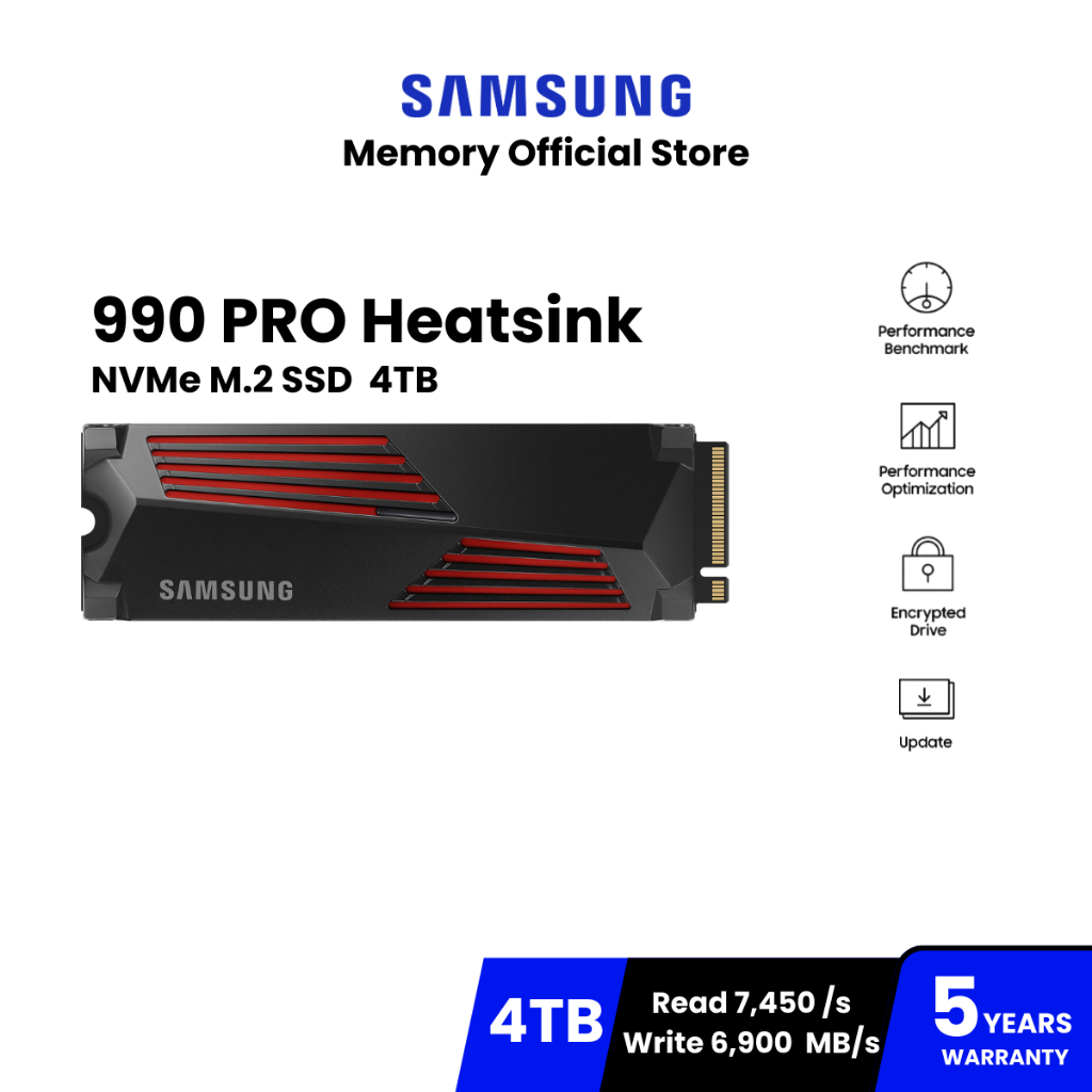 SAMSUNG 990 PRO Heatsink SSD M.2  7,450 / 6,900 MB/s ความจุ 4TB : 5Y (990 PRO Heatsink / MZ-V9P4T0CW