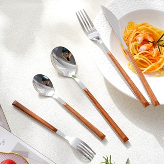 ช้อนสแตนเลส / มีดและส้อม ชุดอาหารสแตนเลสพร้อมที่จับไม้ ช้อนย…