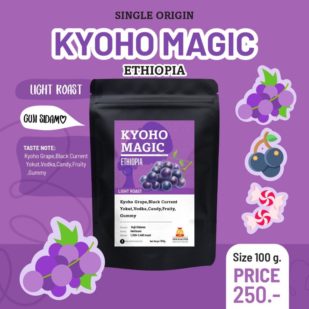 เมล็ดกาแฟคั่วอ่อน Kyoho Magic Ethiopia 100-200g. หอมองุ่น Kyoho หวานฉ่ำ Process Wine Yeast Fermentat