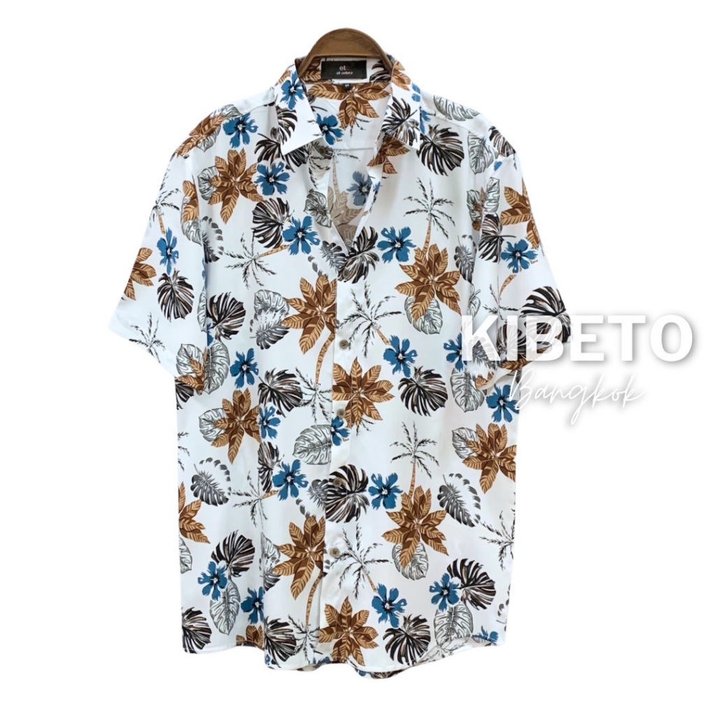 Kibeto เสื้อฮาวาย ลายใบไม้แห้ง สีขาว ผ้าสปันเรยอน เนื้อนิ่ม ใส่สบาย
