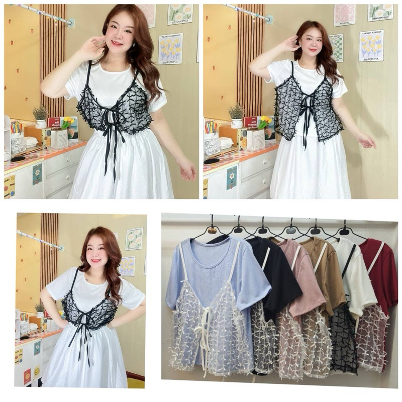 เสื้อเอี๊ยมสายเดี่ยว ผ้าลูกไม้ผูกโบว์ + เสื้อผ้าร่องยืดคอกลม อกก่อนยืด 50นิ้ว ยืดได้ถึง54นิ้ว วงแขน24 นิ้วความยาว25 นิ้ว
