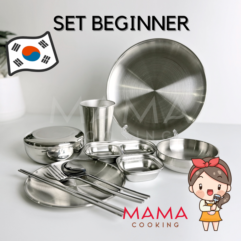Mama Cooking - ชุดของใช้บนโต๊ะอาหารเกาหลี Beginner set ชุดเริ่มต้น ช้อน ตะเกียบ จาน ชาม ถ้วย สแตนเลส